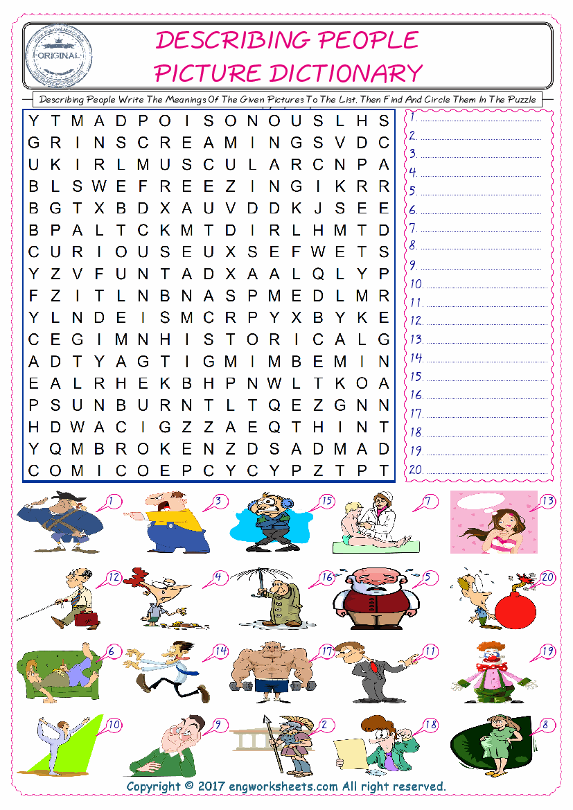  For kids, check the picture of Describing People find, and write the word and find it in the word puzzle ESL printable worksheet. 